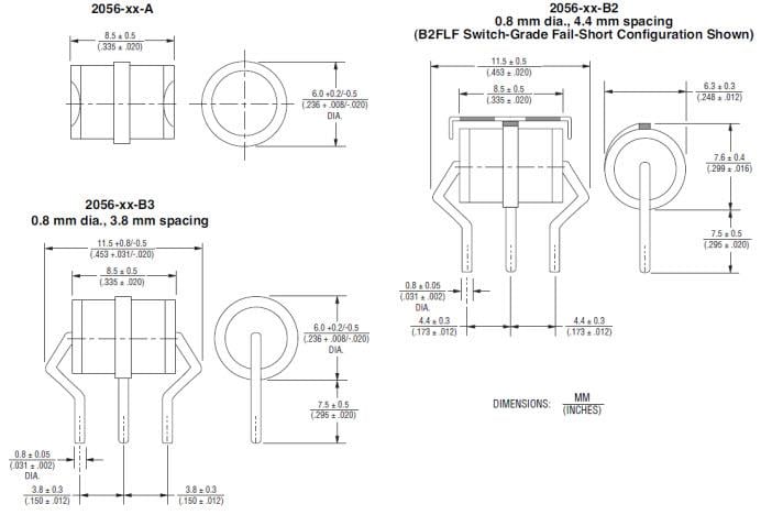 Mechanical Drawing - Bourns 2052 & 2056 Series Light Duty 3-Electrode GDTs